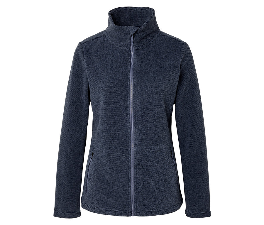 Dunkelblaue Fleecejacke mit Stehkragen, durchgehendem Reißverschluss und zwei Reißverschlusstaschen vorne, auf weißem Hintergrund.