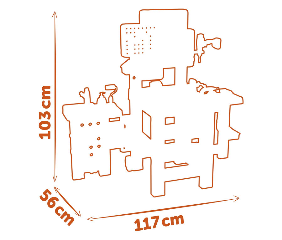 Umrisszeichnung eines Möbels mit Maßangaben: 103 cm hoch, 56 cm tief und 117 cm breit.