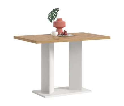 xonox Esstisch Victor mit mittelgroßer, holzfarbener Tischplatte und weißem Säulenfuß. Darauf stehen eine rosa Vase mit Blatt, eine weiße Tasse und rosa Macarons.