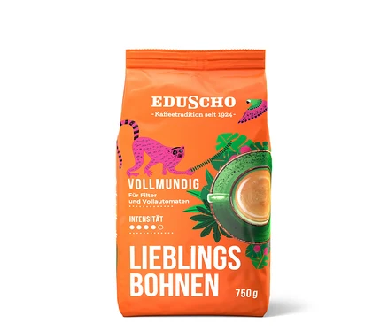 Orangefarbene Packung Eduscho Lieblingsbohnen Vollmundig mit einer Abbildung einer Tasse Kaffee.
