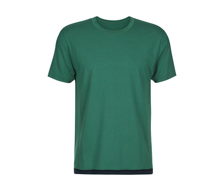Grünes T-Shirt mit kurzen Ärmeln und Rundhalsausschnitt, mit einem dunklen Saum am unteren Rand.