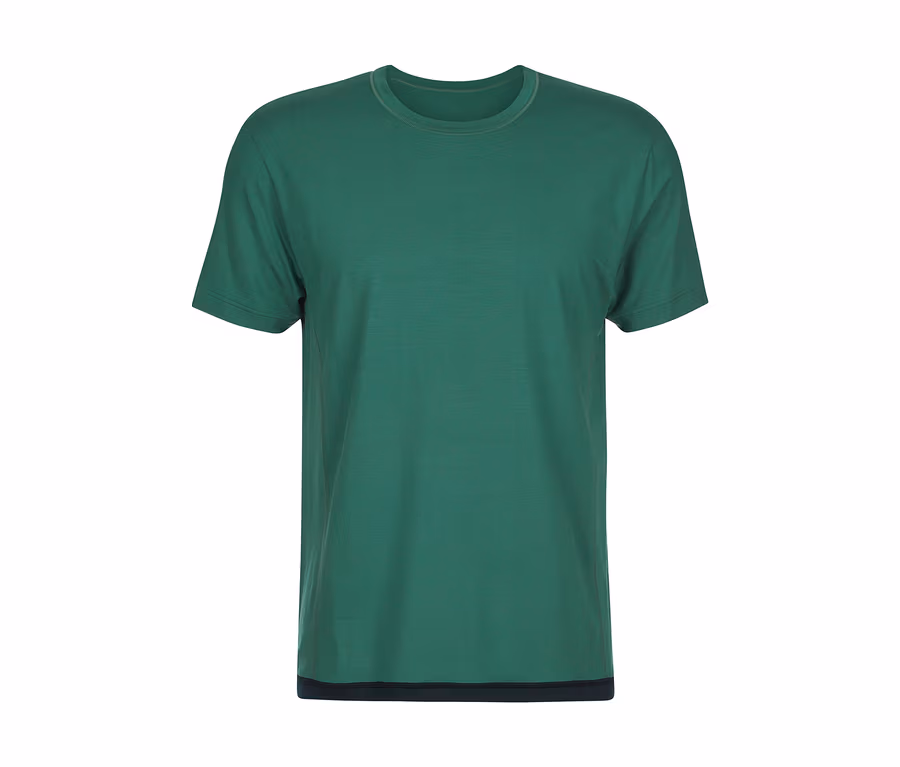 Grünes T-Shirt mit kurzen Ärmeln und Rundhalsausschnitt, mit einem dunklen Saum am unteren Rand.