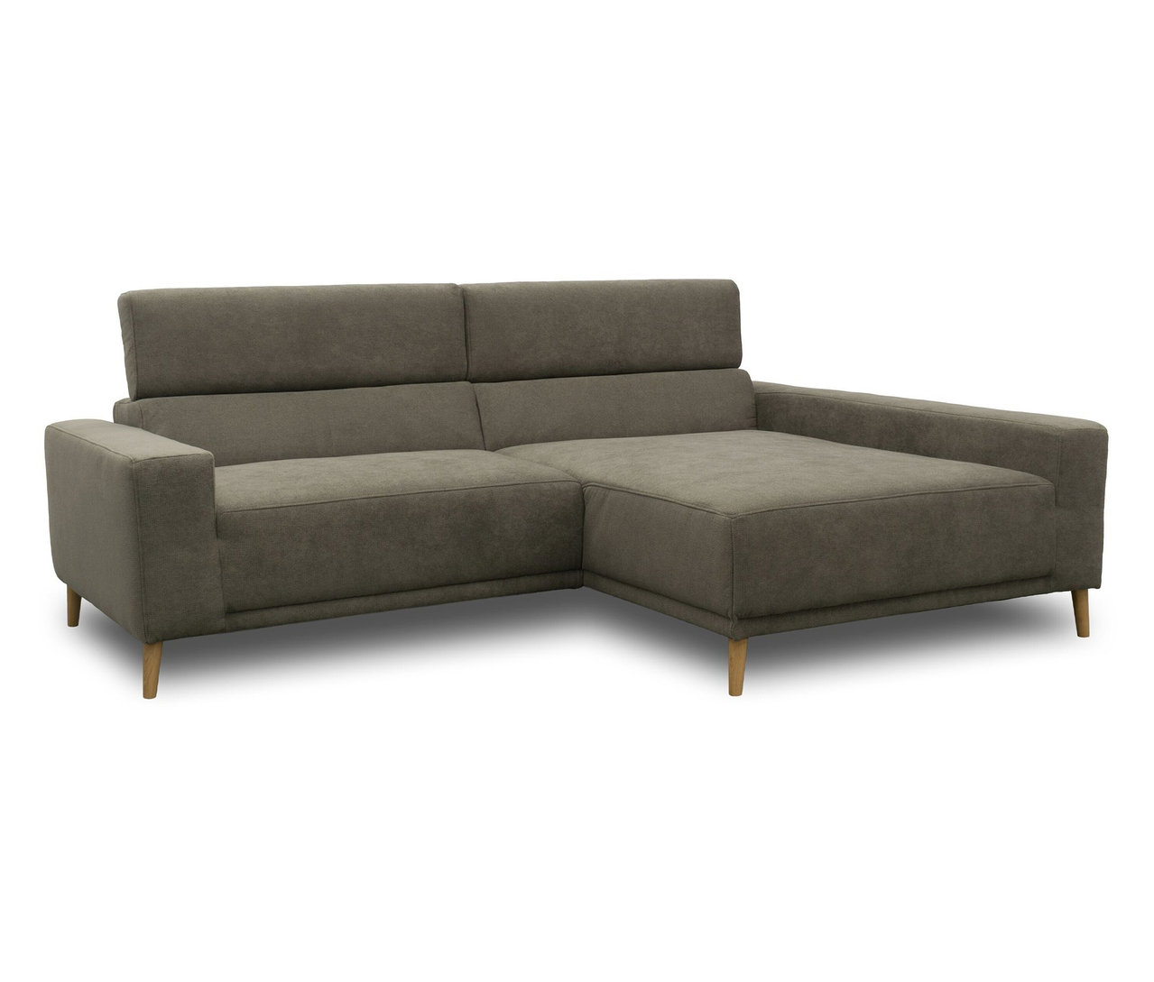 Graues DOMO Sofa Malmö mit Longchair rechts, verstellbaren Kopfstützen und Holzfüßen.