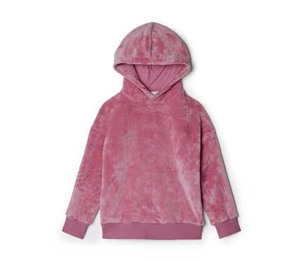 Rosa Plüsch-Kapuzenpullover mit Kapuze, langen Ärmeln sowie gerippten Bündchen und Saum, auf weißem Hintergrund.