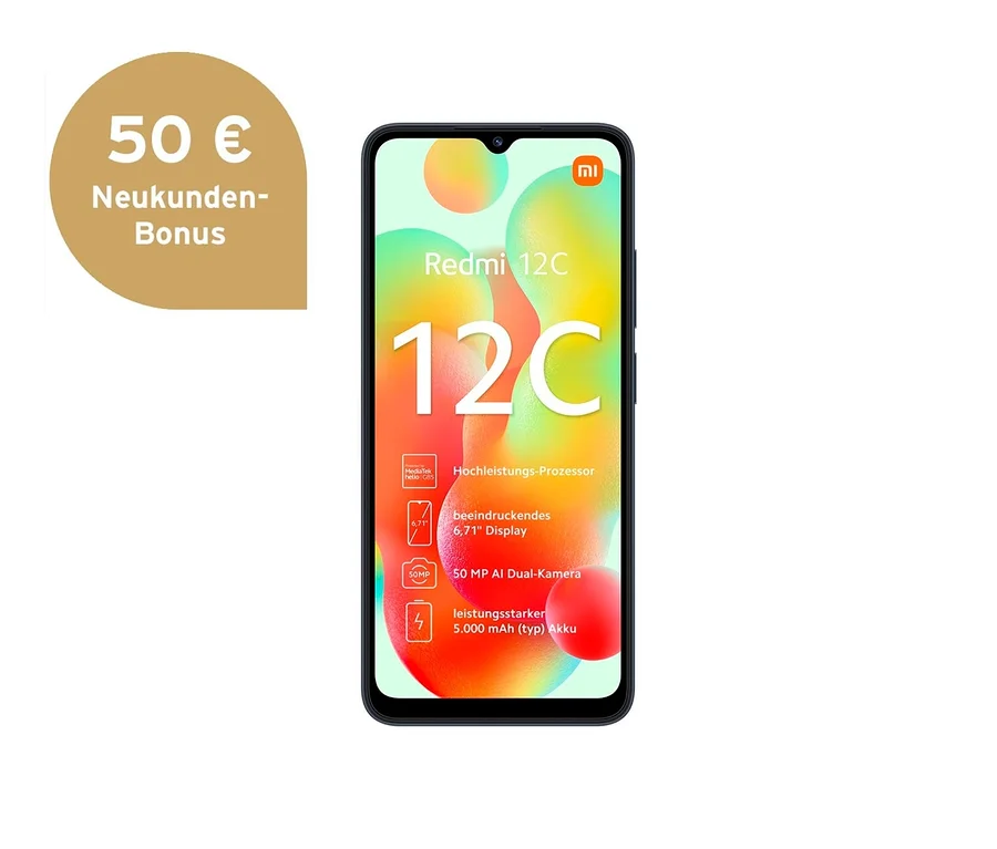 Frontansicht eines grauen Xiaomi Redmi 12C 64GB Smartphones.