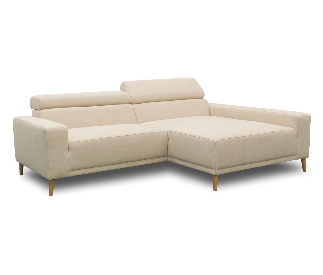 DOMO Sofa »Malmö« in Creme, L-förmig mit Longchair rechts, Holzfüßen und Kopfteilverstellung.