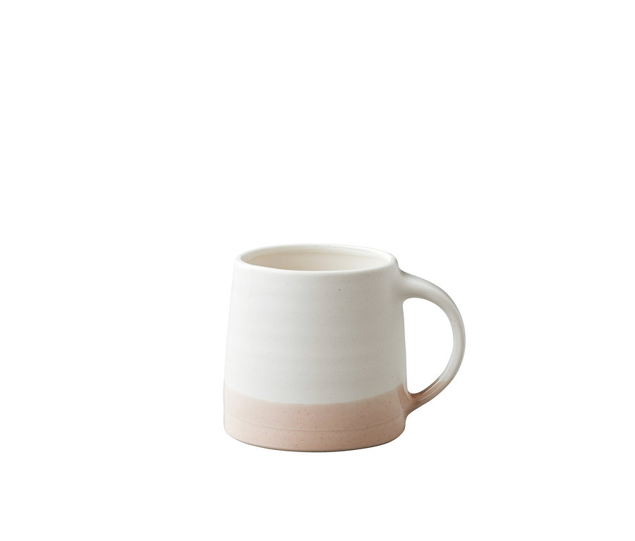 Zweifarbige Keramiktasse, oben weiß und unten hellrosa, mit Henkel.