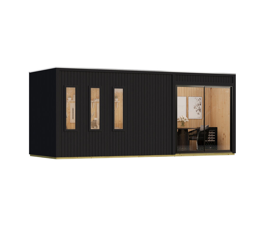 Schwarzes, modernes Karibu Homeoffice-Gartenhaus Valentin mit drei schmalen Fenstern und einer großen Glasschiebetür, die einen Holzarbeitsbereich zeigt.