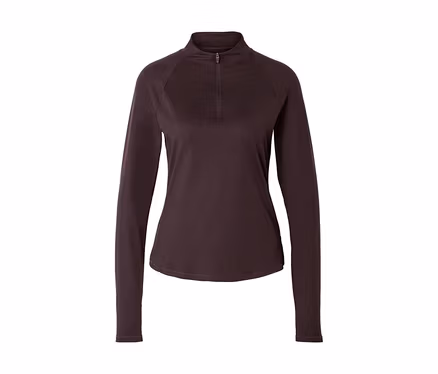 Dunkelbraunes Langarmshirt mit Stehkragen und kurzem Reißverschluss vorne.