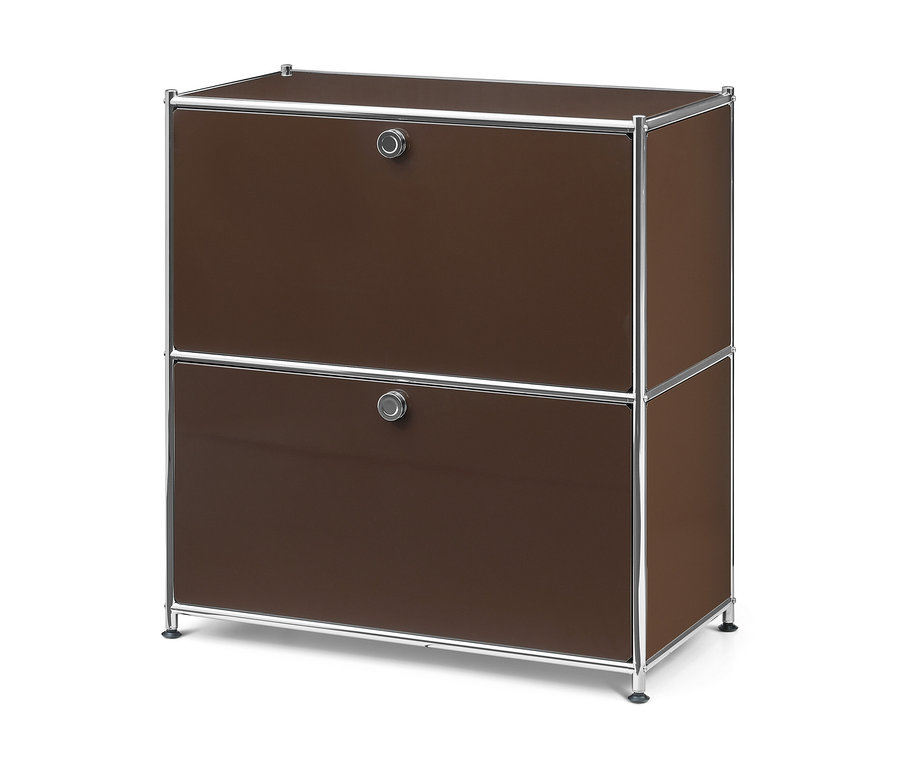 Braunes Metall-Sideboard „CN3“ mit Chromrahmen und zwei Klappenfächern, jeweils mit silbernem Griff.