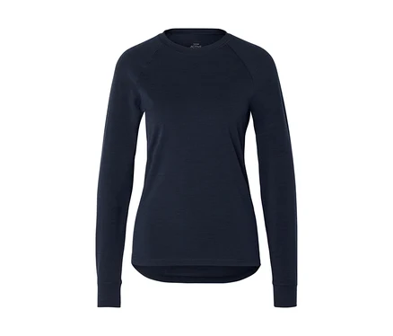 Dunkelblaues Langarmshirt mit Rundhalsausschnitt, Raglanärmeln und abgerundetem Saum. Ein kleines „ACTIVE“-Etikett ist im Kragen sichtbar.
