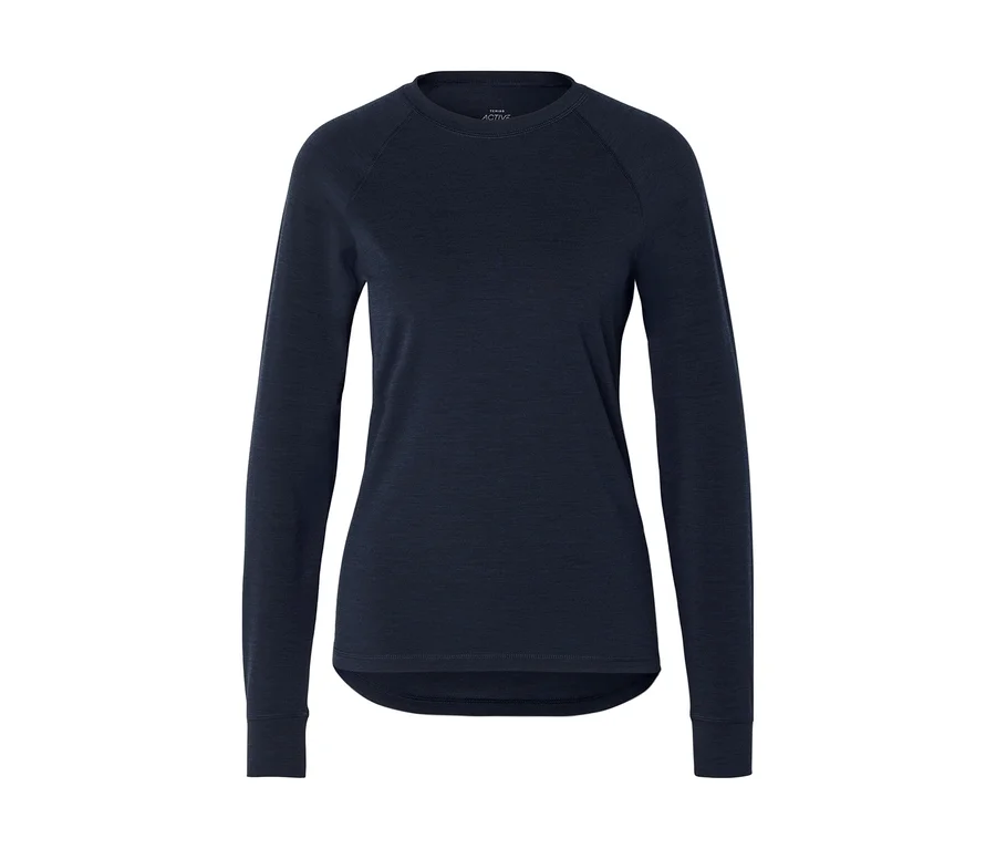 Dunkelblaues Langarmshirt mit Rundhalsausschnitt, Raglanärmeln und abgerundetem Saum. Ein kleines „ACTIVE“-Etikett ist im Kragen sichtbar.