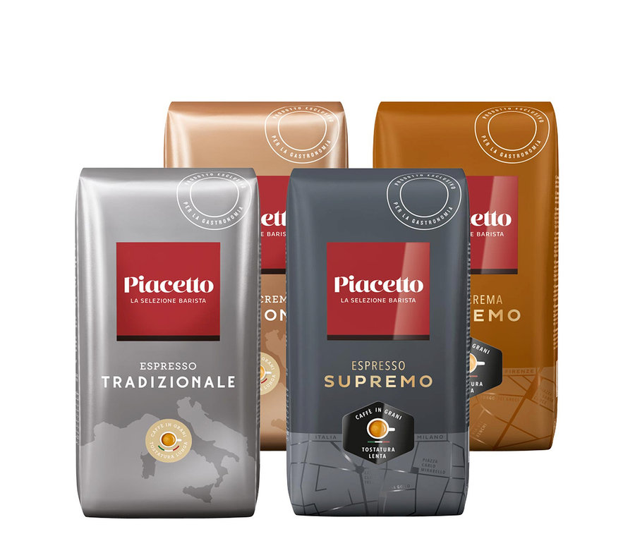 Vier Packungen Piacetto Kaffee, verschiedene Sorten ganze Bohne.