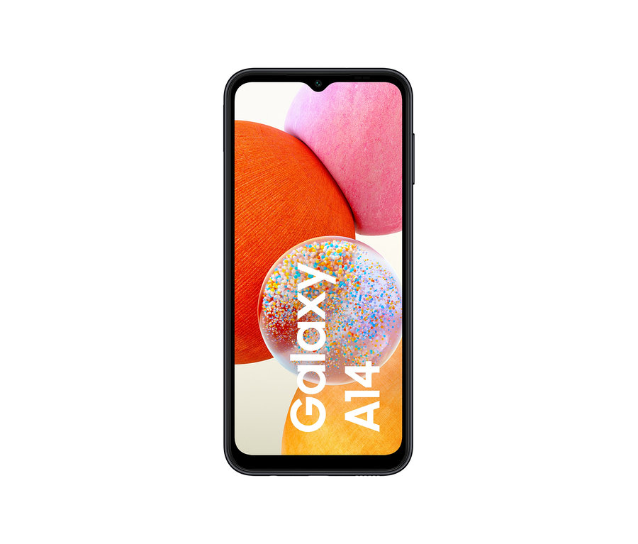 Schwarzes Samsung Galaxy A14 LTE 64 GB Handy mit farbigem Grafikdisplay.