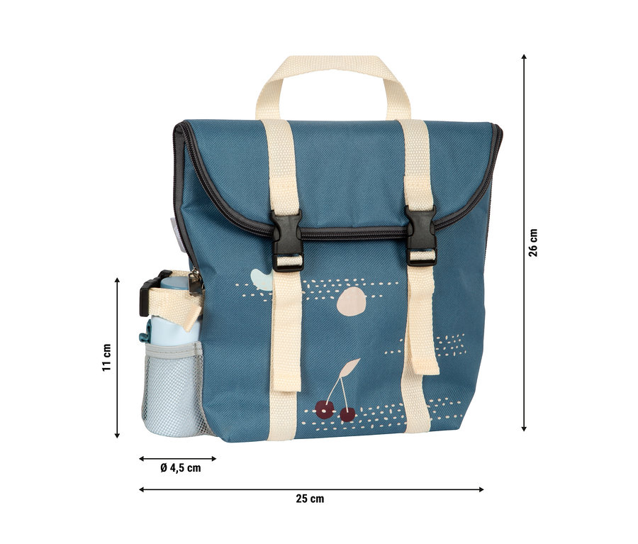 Blauer Rucksack mit Kirschen und weißen Trägern.