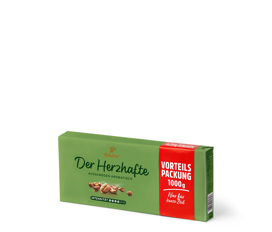 Eine 1 kg Packung Der Herzhafte Gemahlen Kaffee.