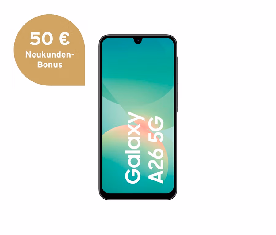 Schwarzes Samsung Galaxy A26 5G Smartphone mit 128 GB.