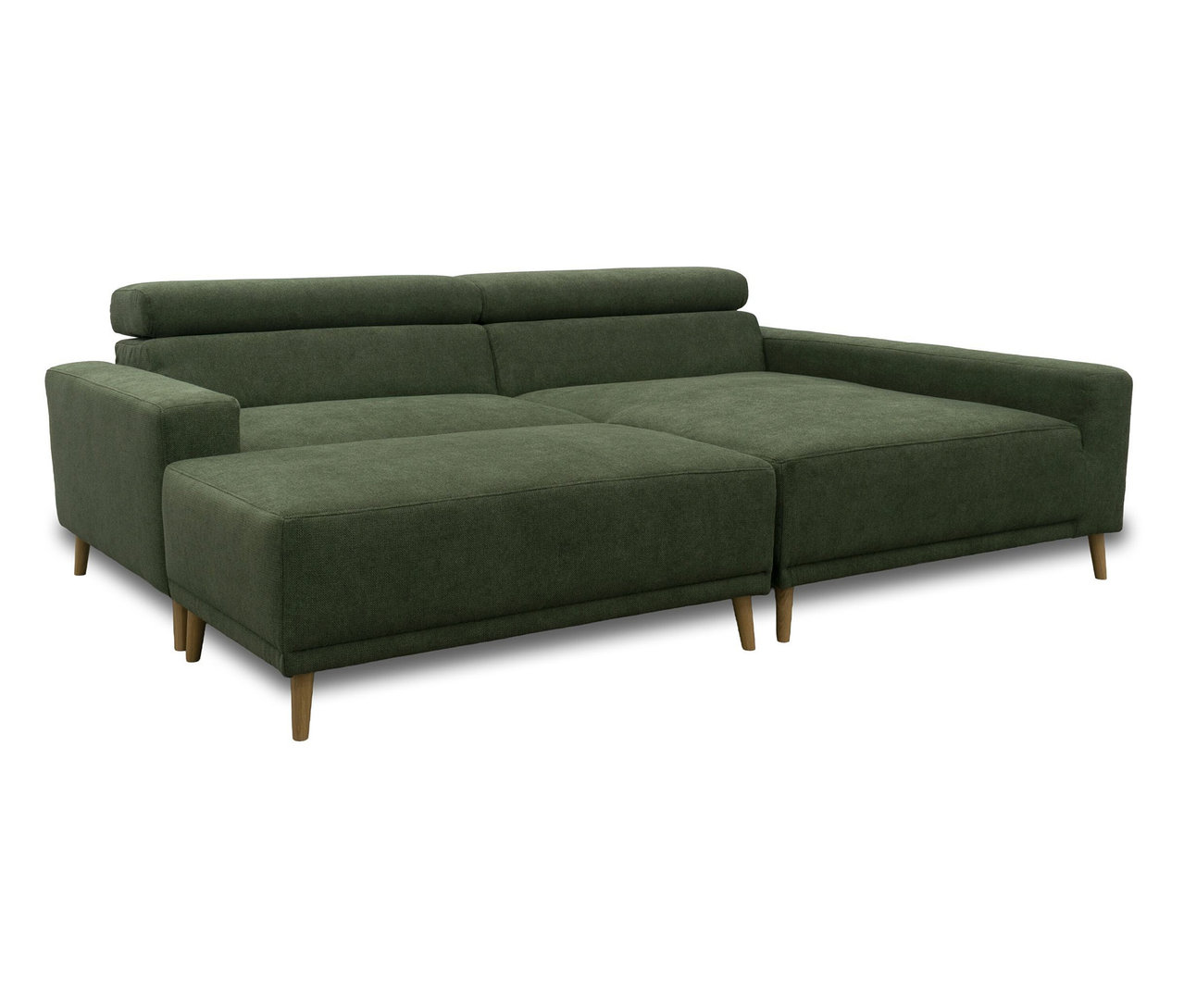 Dunkelgrünes DOMO Eck-Schlafsofa »Malmö« mit Hocker und Longchair rechts, auf holzfarbenen Beinen.