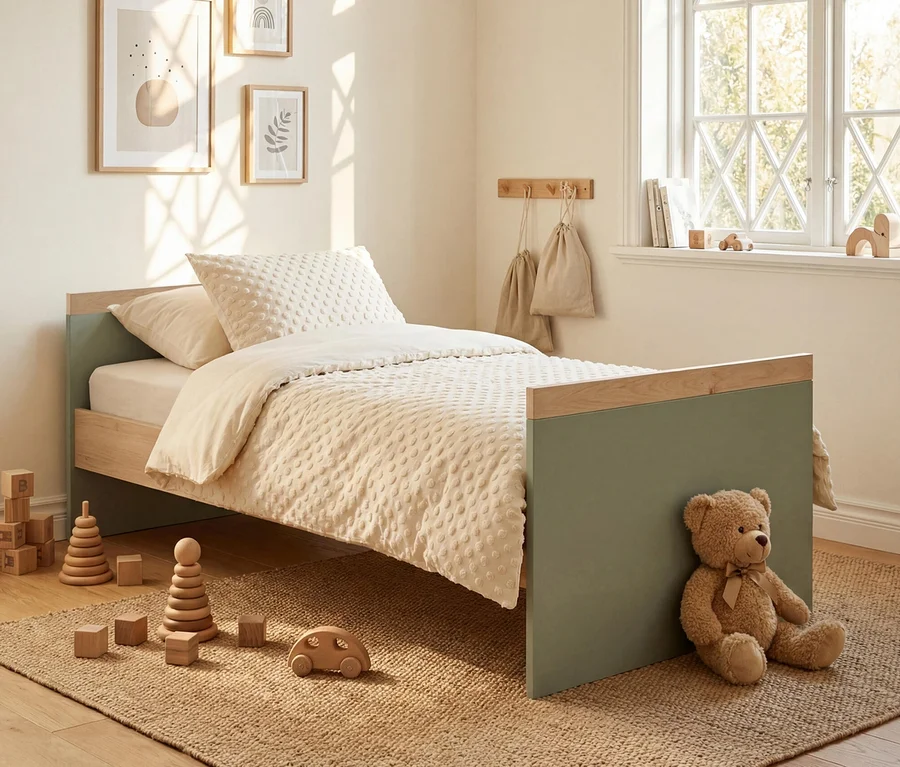 Kinderbett aus dem Roba 3-teiligen Kinderzimmer-Set »Selva« in Reed Green und Virginia Chestnut, mit beiger Bettwäsche, Holzspielzeug und Teddybär auf einem Jute-Teppich.