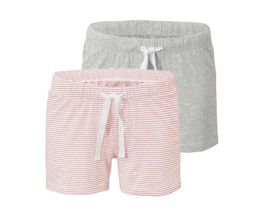 Zwei Jersey-Shorts: eine graue und eine rot gestreifte.