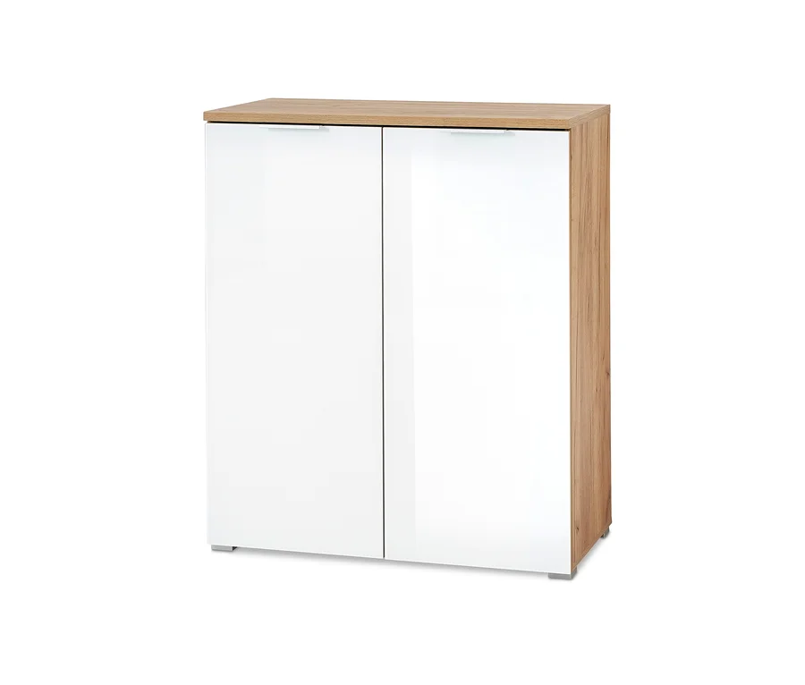 Ein zweitüriger Schuhschrank "Telde" mit weißen, glänzenden Türen und Holzrahmen.