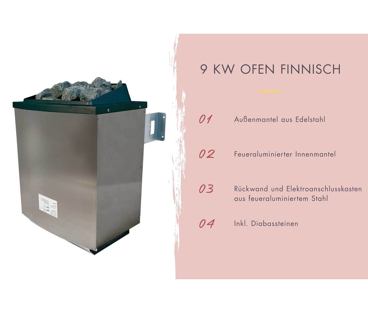 Ein Karibu 9 kW finnischer Saunaofen aus Edelstahl mit Diabassteinen auf der Oberseite.