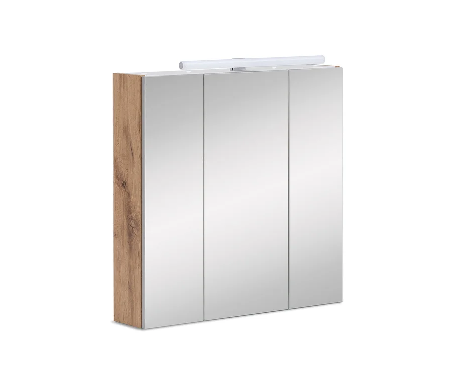 Schildmeyer-Bad-Spiegelschrank "SPS 700.1 Wido" mit hölzernen Seiten und drei Spiegeltüren.