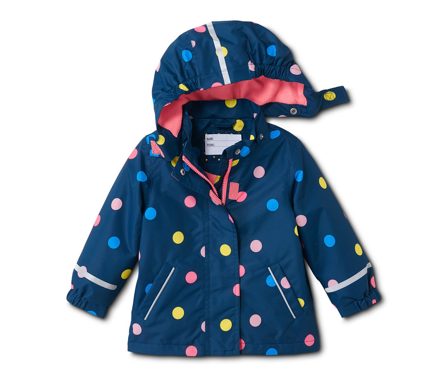 Eine blaue Thermo-Regenjacke mit bunten Punkten.