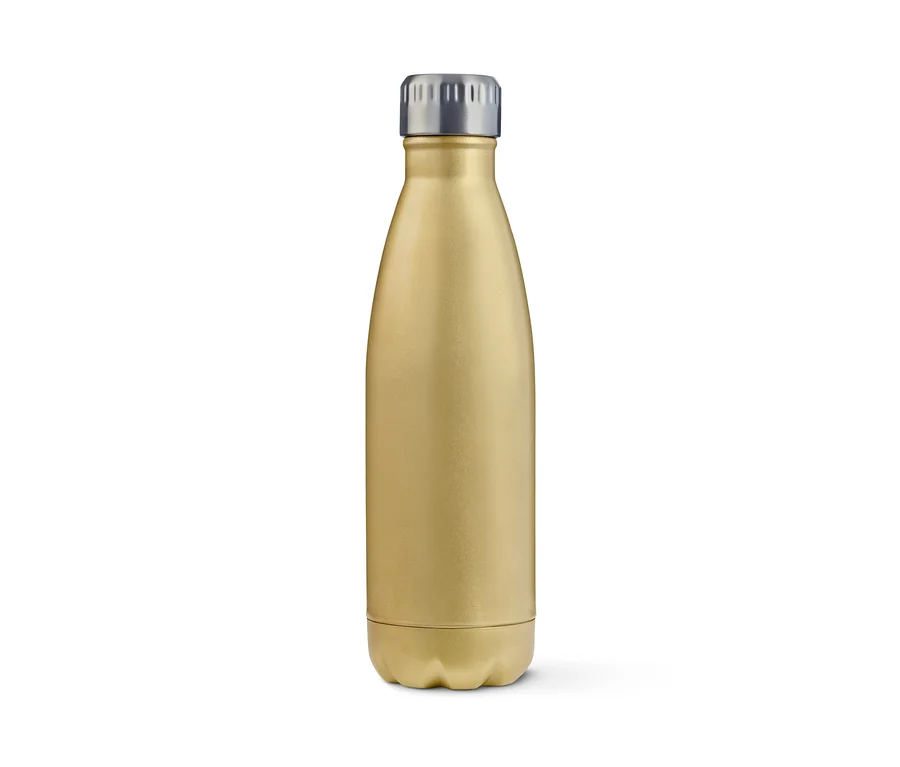 Goldene Isolier-Trinkflasche mit silberfarbenem Deckel.