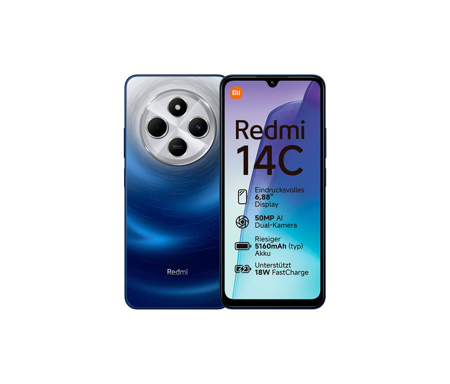 Xiaomi Redmi 14C 128GB in Starry Blue Farbe ist sichtbar. Das Smartphone zeigt seine Rückseite mit einem auffälligen Kameramodul.