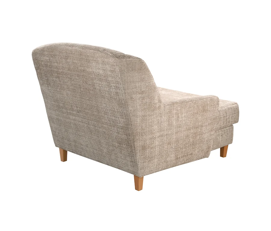 Beige, strukturierte Stoff-Chaiselongue mit hellen Holzbeinen, von hinten und der Seite gesehen.