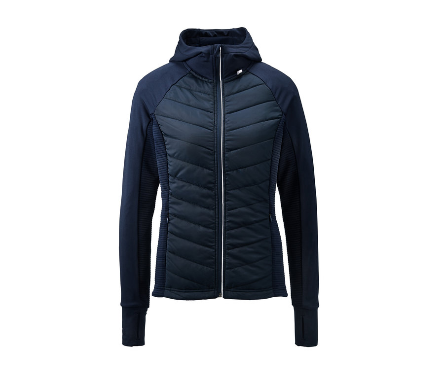 Dunkelblaue Thermo-Laufjacke mit Kapuze.