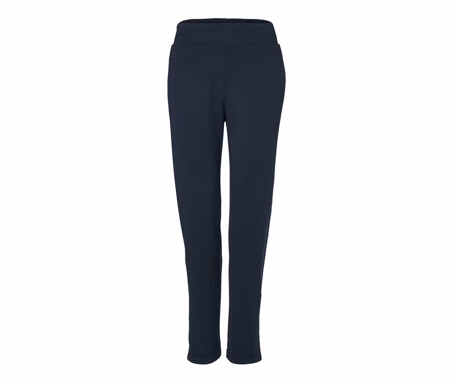 Eine marineblaue Loungewear-Hose auf weißem Hintergrund.