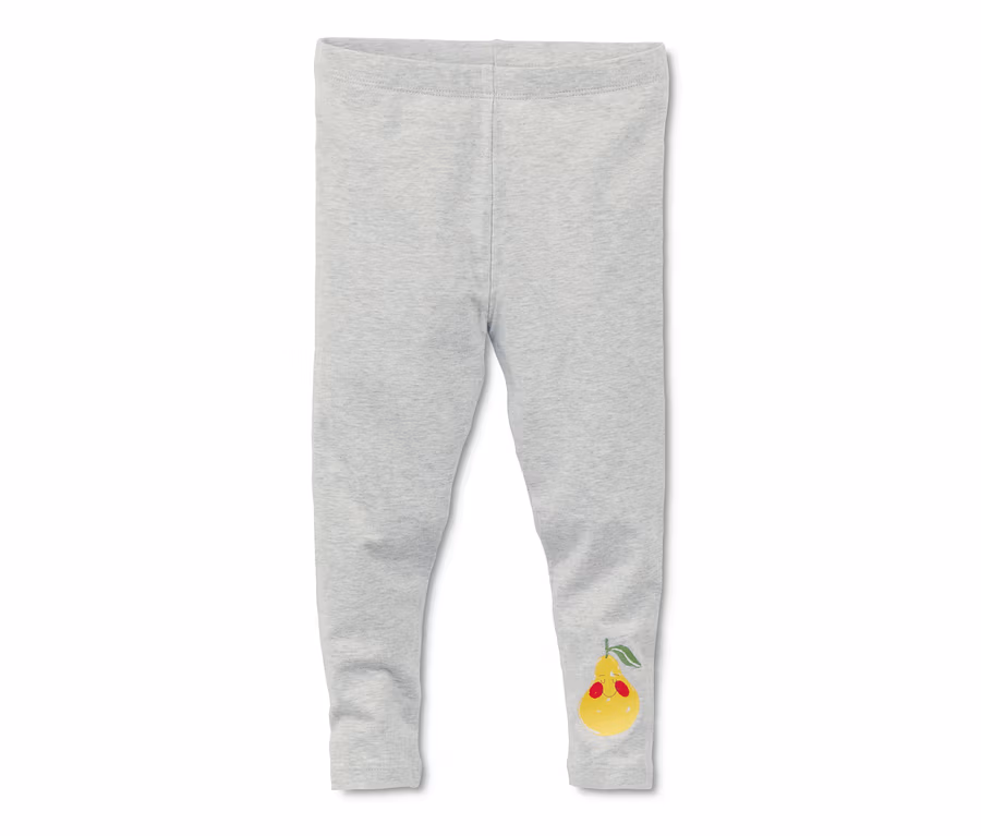 Hellgraue 2 Leggings mit einer Cartoon-Birne am Bein.