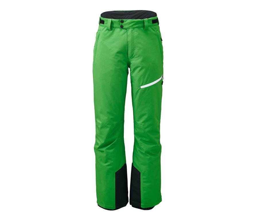 Eine grüne Skihose vor einem weißen Hintergrund.