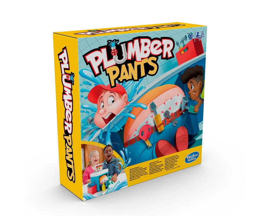 Gelbe Schachtel des Spiels Hasbro »Plumber Pants« steht auf weißem Hintergrund.