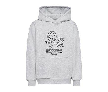 Grauer Hummel Hoodie mit schwarzem Aufdruck einer laufenden Figur mit Volleyballkopf, die nach vorne zeigt. Darunter steht "HSVV CLUB INTERNATIONALS hummel SPORTSWEAR".