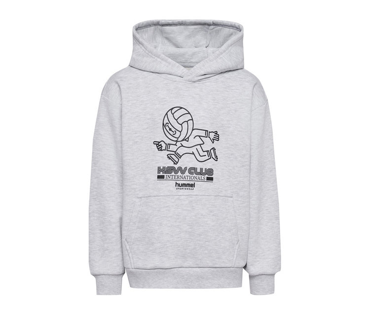 Grauer Hummel Hoodie mit schwarzem Aufdruck einer laufenden Figur mit Volleyballkopf, die nach vorne zeigt. Darunter steht "HSVV CLUB INTERNATIONALS hummel SPORTSWEAR".
