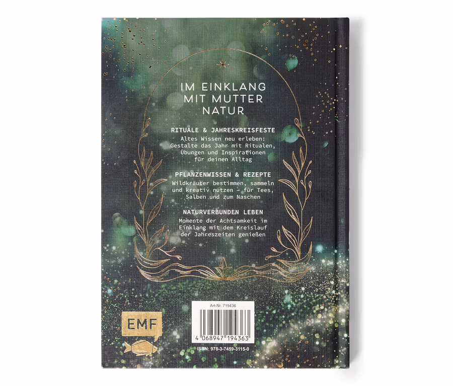 Rückseite eines Buches mit dem deutschen Text "IM EINKLANG MIT MUTTER NATUR".