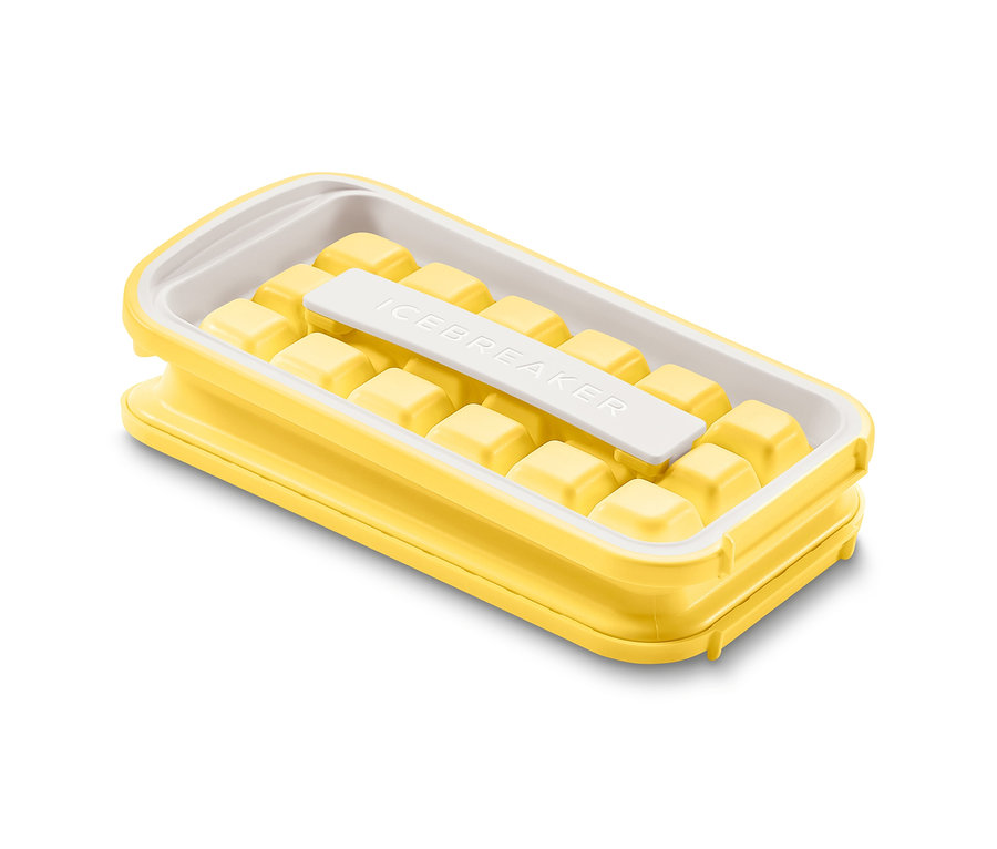 Gelber Eiswürfelbereiter »ICEBREAKER® POP« mit fertigen Eiswürfeln.