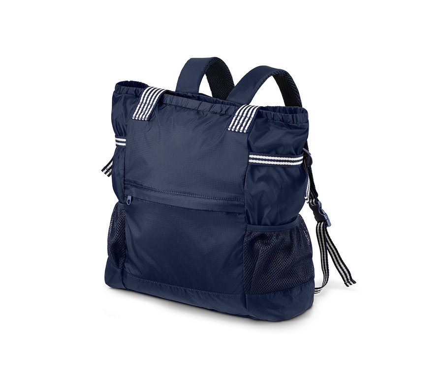 Marineblauer 2-in-1: faltbarer Rucksack mit weißen Streifen.