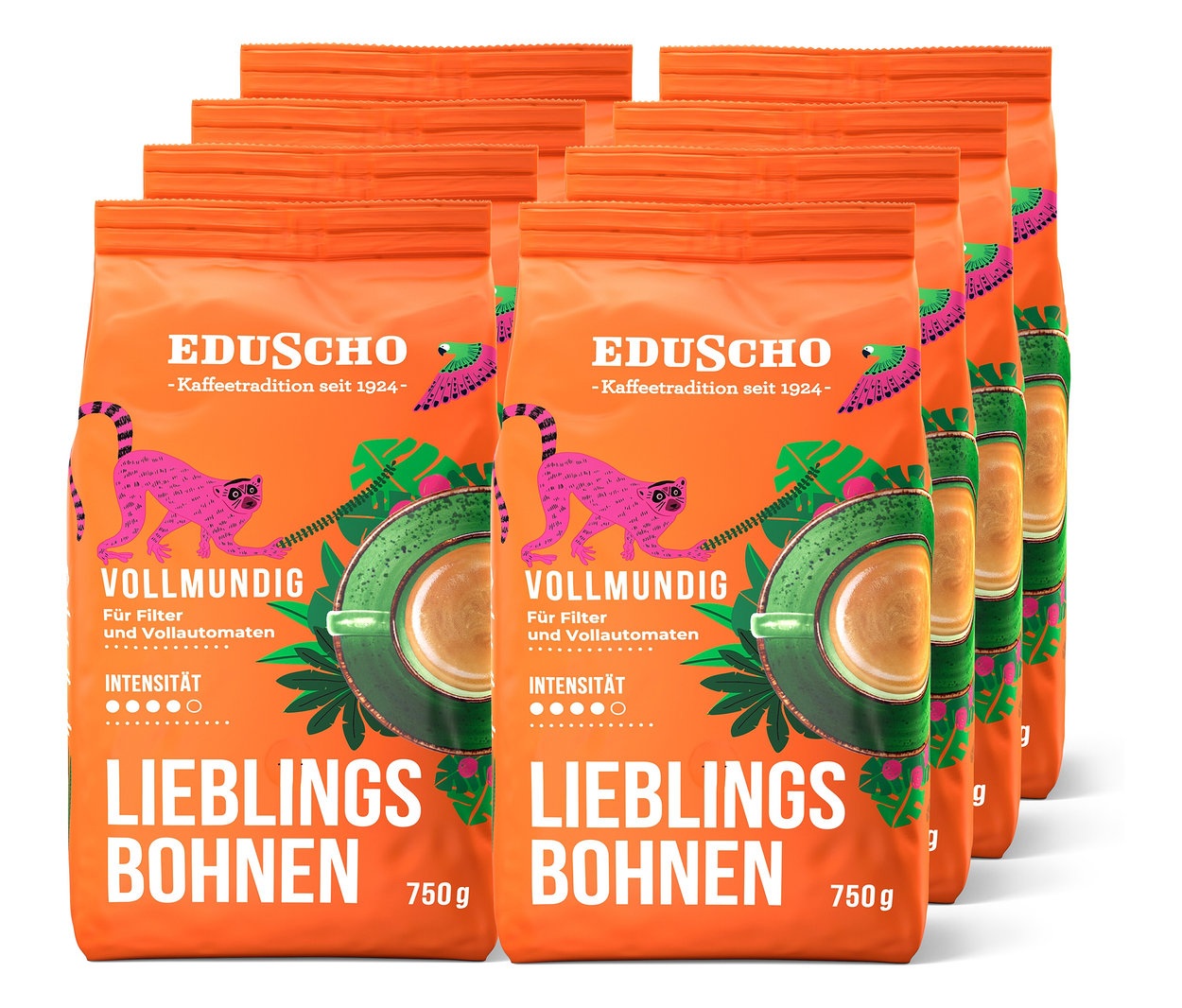 Eine Packung mit acht Packungen Eduscho Lieblingsbohnen Vollmundig - 8x 750 g Ganze Bohne.