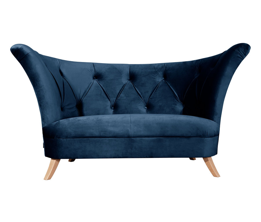 Blaues Max-Winzer®-2-Sitzer-Sofa »Donny« mit Knöpfen und Holzbeinen.