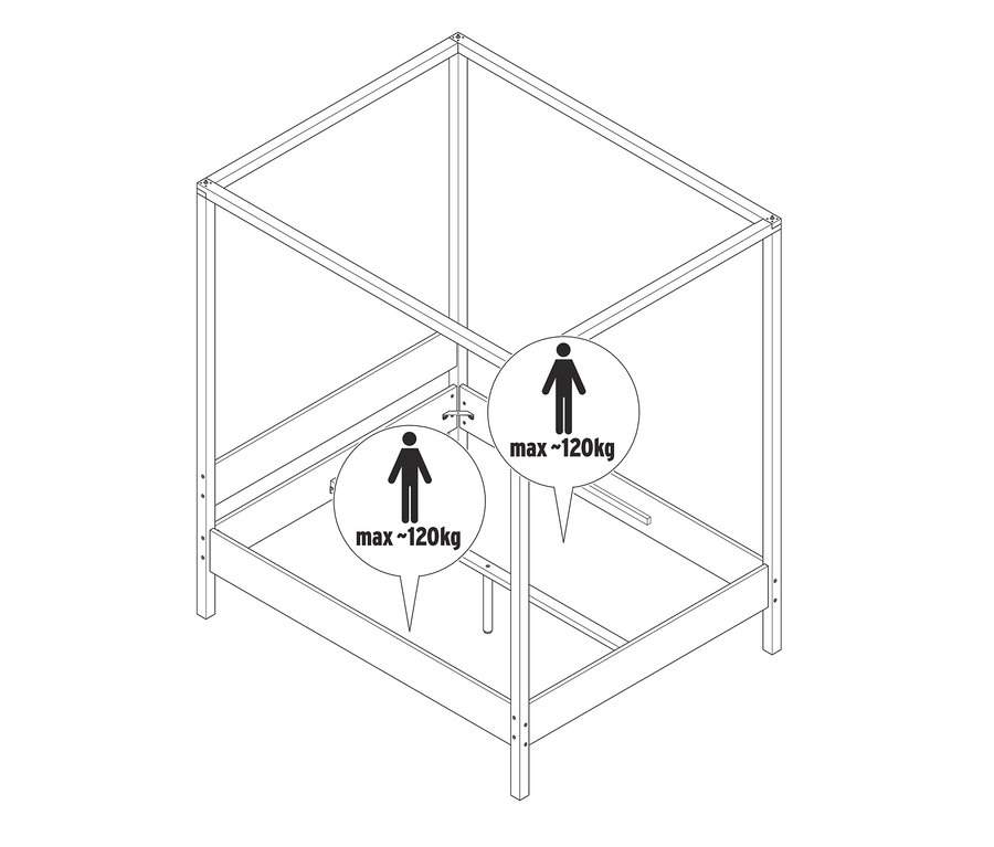 Zeichnung eines Himmelbettgestells mit einer maximalen Tragfähigkeit von 120 kg.