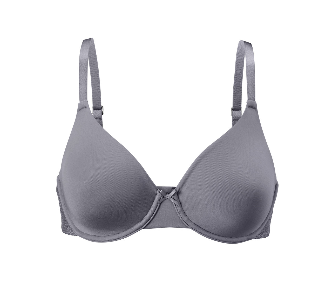 Grauer Bügel-BH auf weißem Hintergrund.