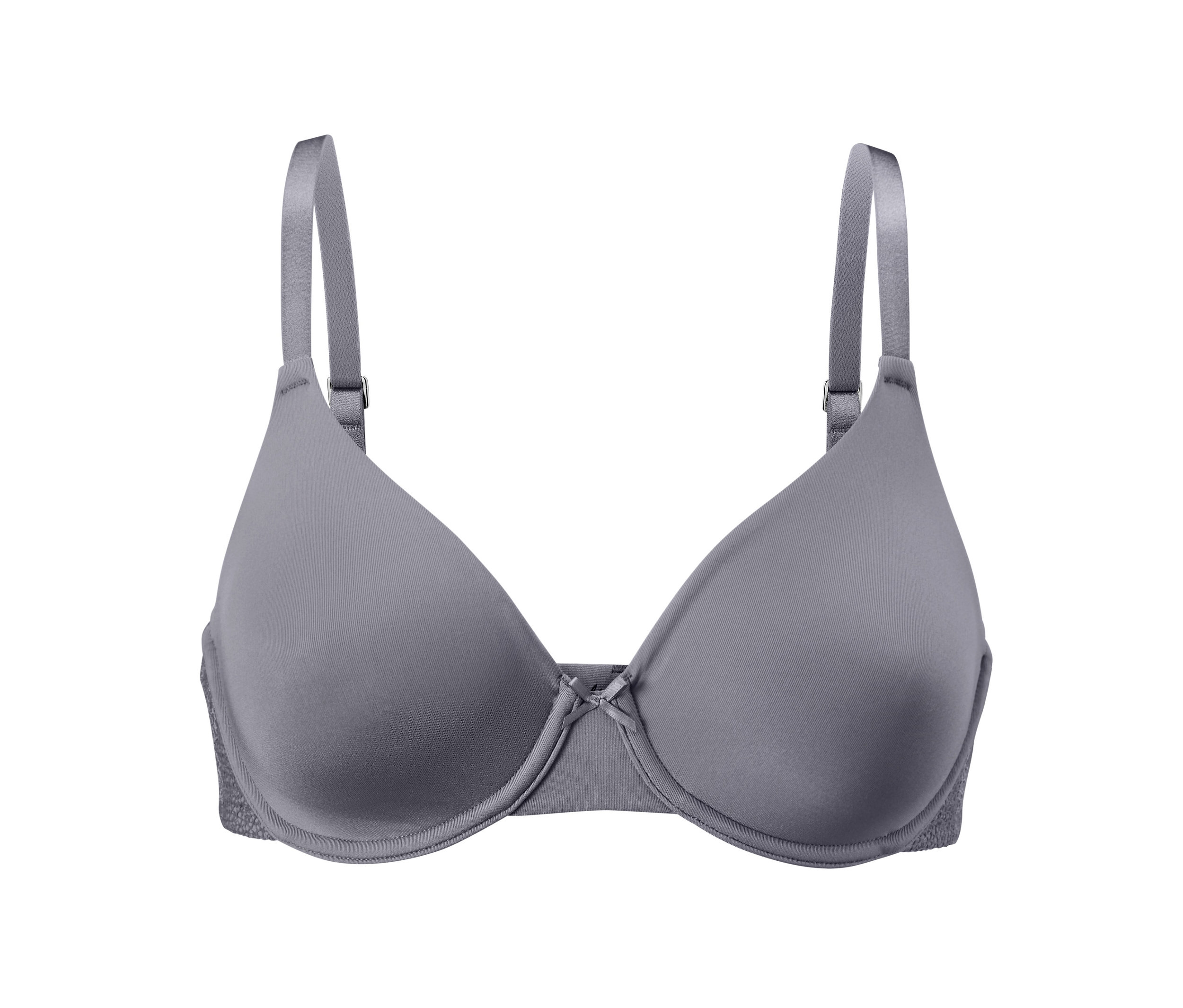 Grauer Bügel-BH auf weißem Hintergrund.