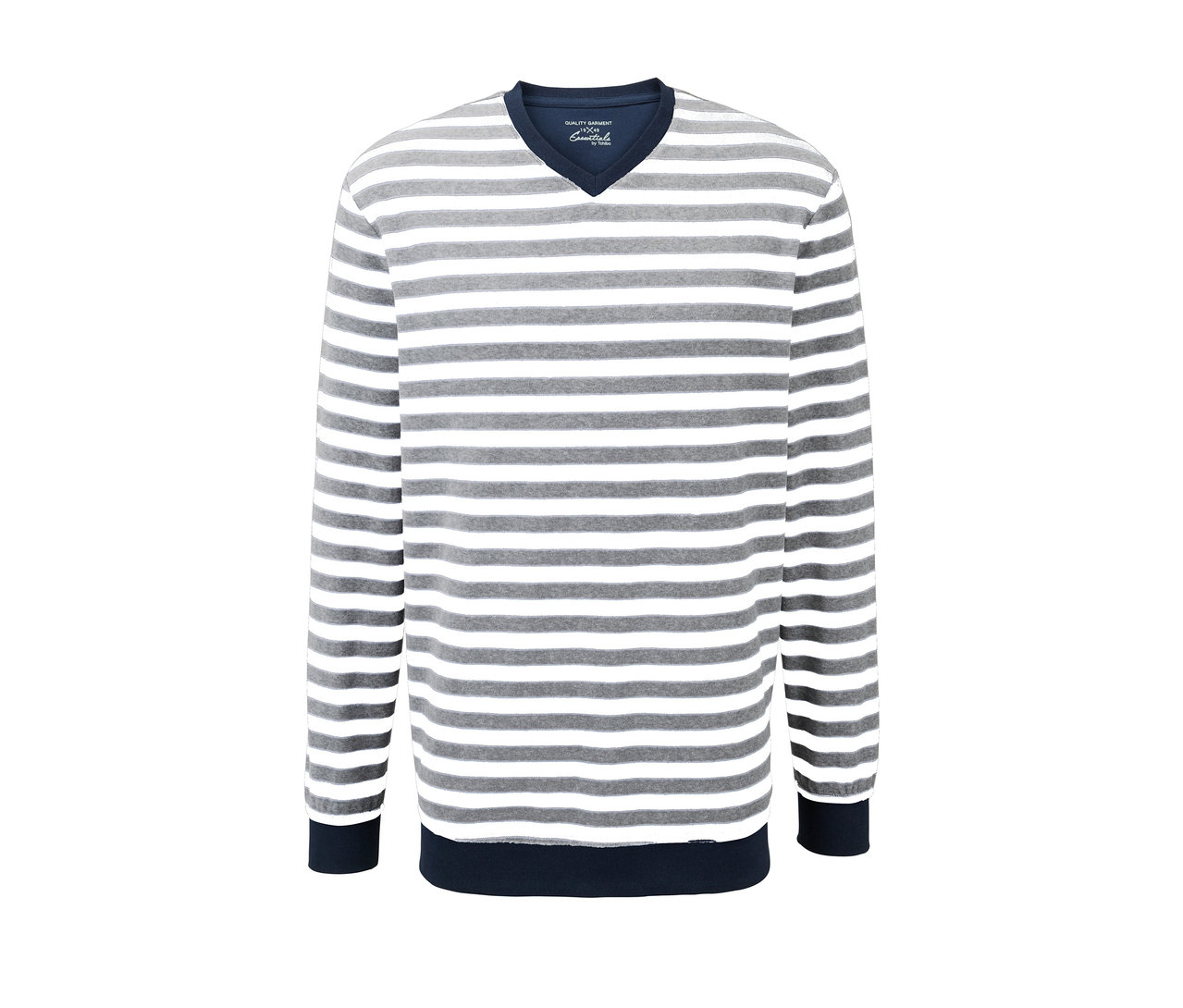 Gestreiftes Nicki-Pyjama-Oberteil mit V-Ausschnitt und dunkelblauen Bündchen.