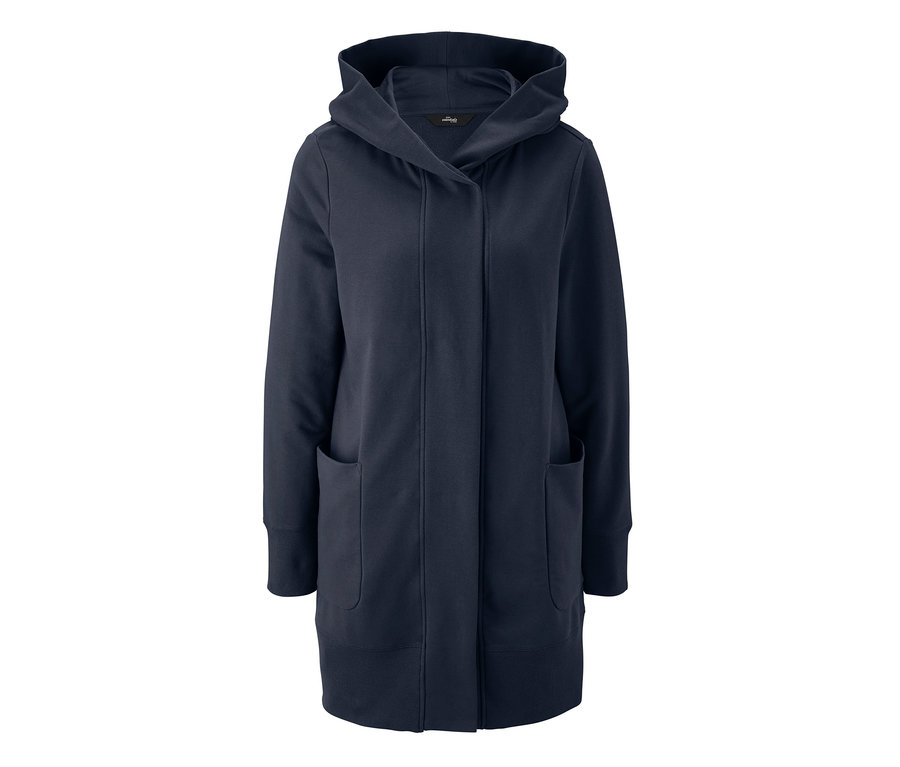 Blaue Loungewear-Jacke mit Kapuze und Taschen.