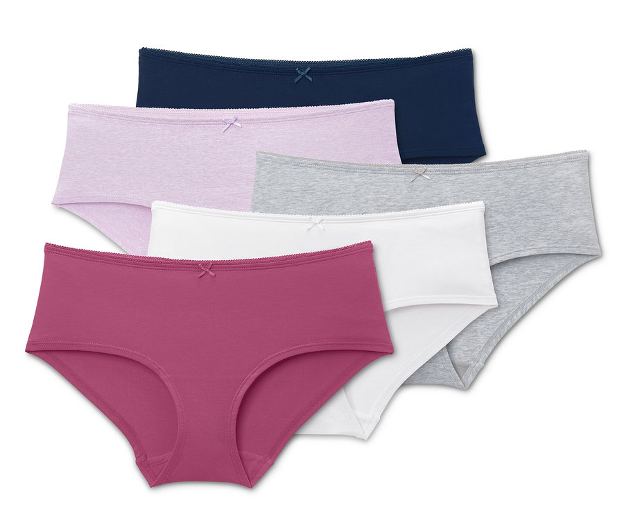 Fünf verschiedenfarbige Pantys (dunkelblau, helllila, grau, weiß und himbeerfarben) sind übereinander angeordnet.