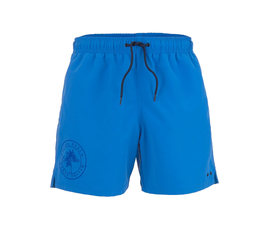 Blaue Badeshorts mit schwarzem Kordelzug und Malibu Beach Logo.